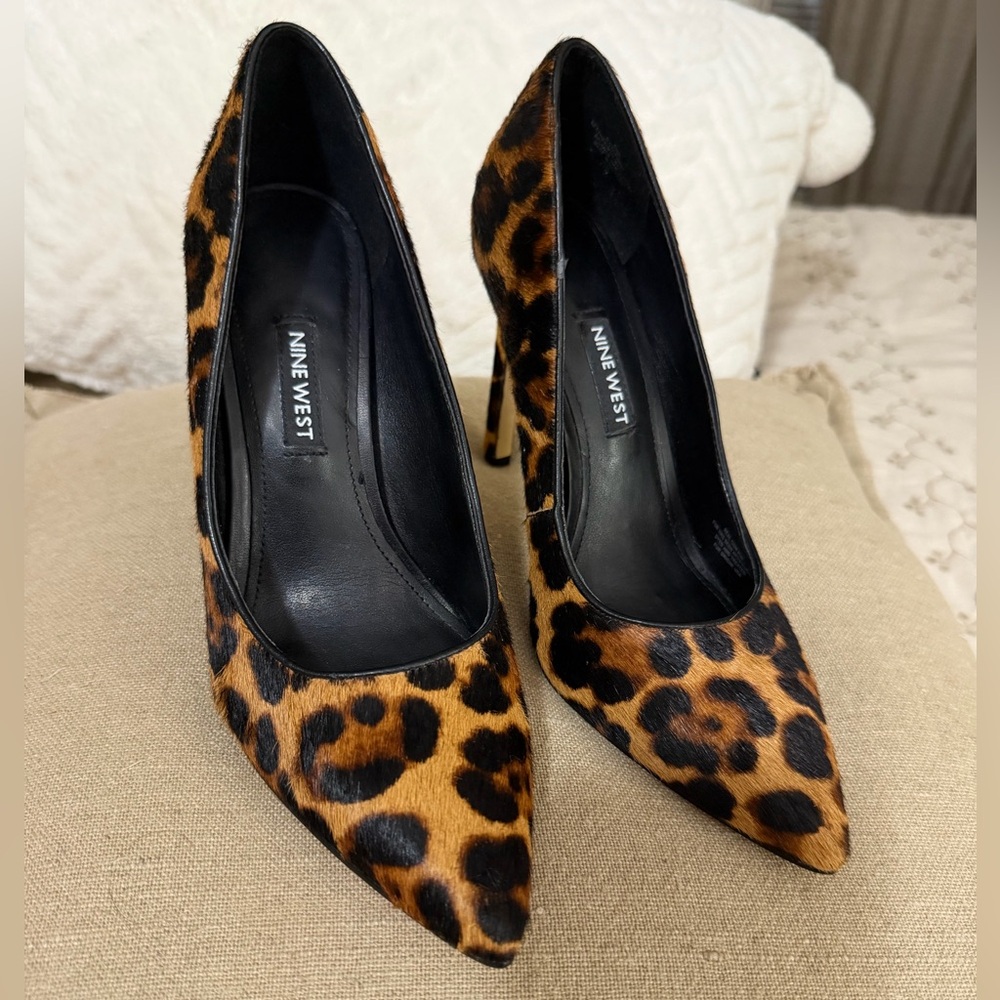 Nine West Leopard Print Pointy Toe Pumps- Calf Hair 4” Heels Size 6.5